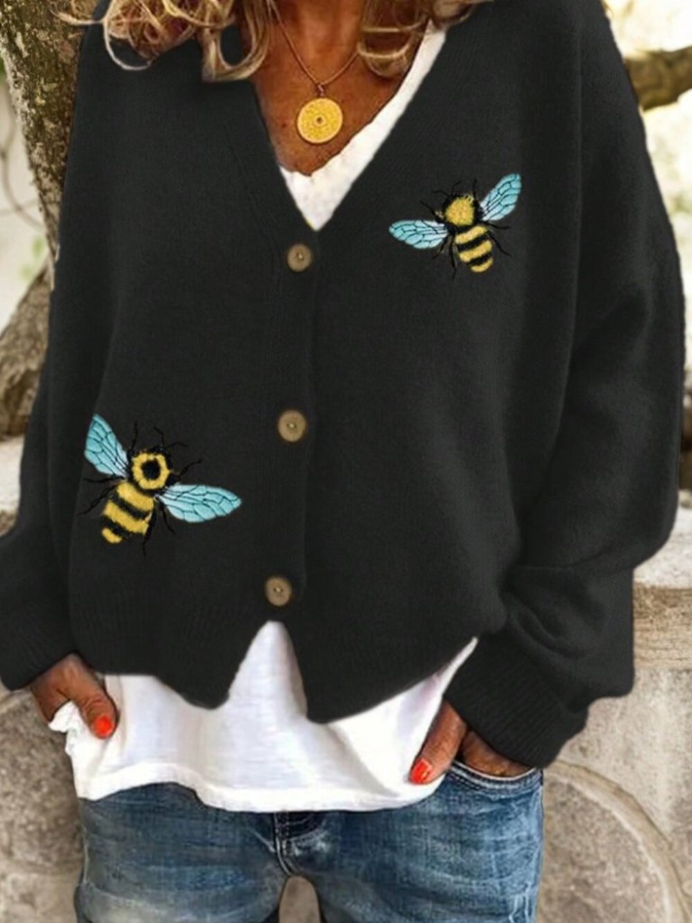 Black Cardigan with Embroidered Bee Appliques